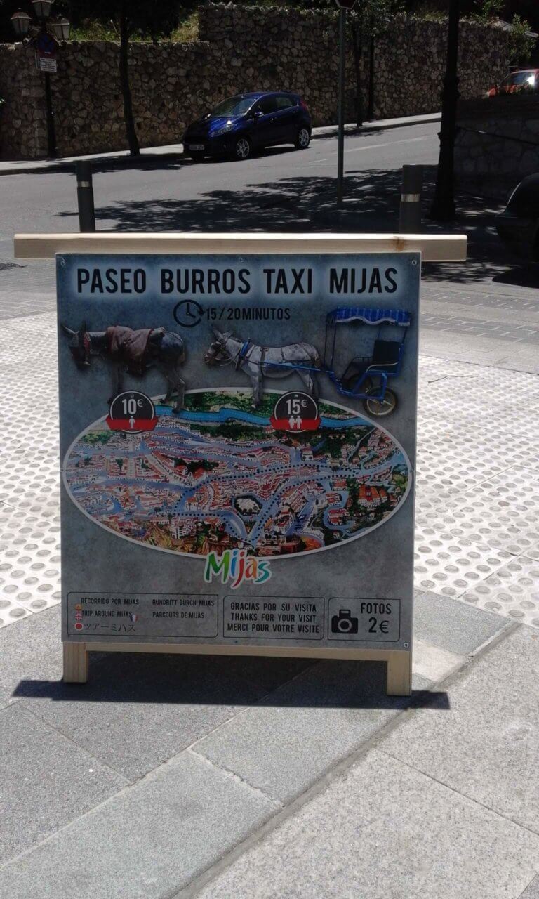 Preisliste für eine Fahrt mit dem Eseltaxi in Mijas Pueblo